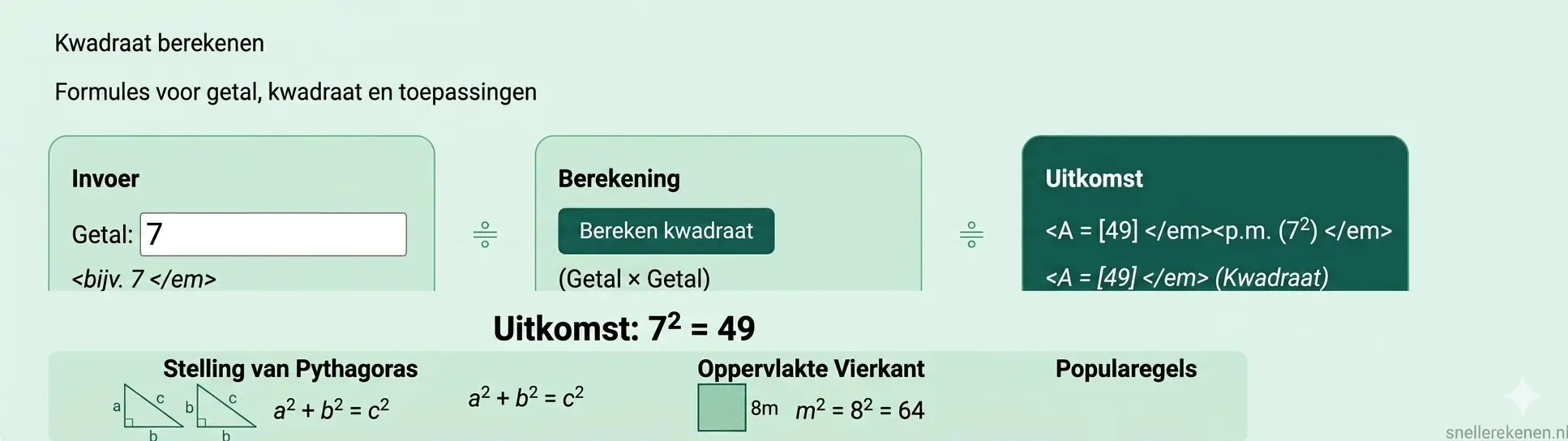 Online calculator voor kwadraat berekenen met stelling van Pythagoras en oppervlakte vierkant voorbeelden