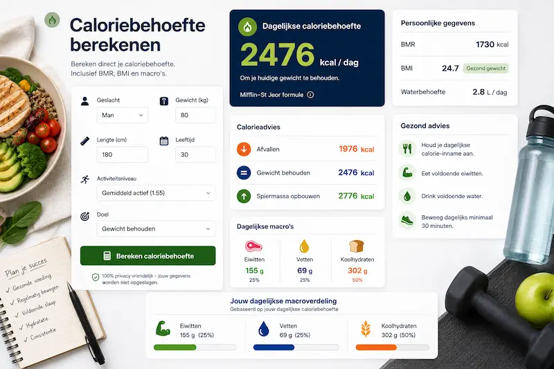 Caloriebehoefte berekenen calculator met BMR, BMI en macroverdeling